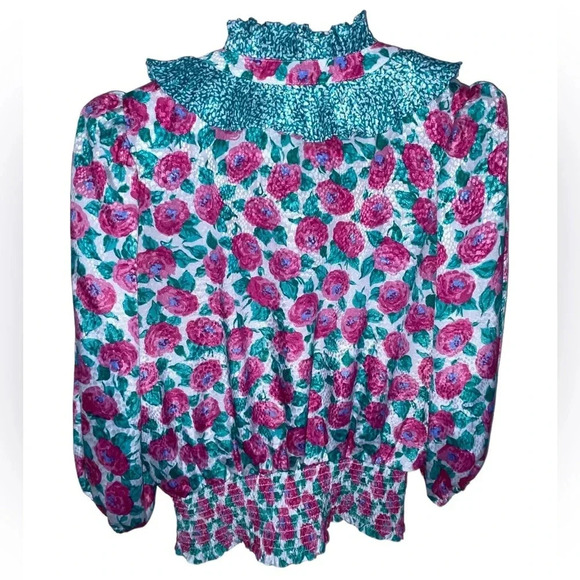 Vintage 80’s Susan Freis Floral Ruffle Blouse Made In USA Women’s Size XS Boho - Picture 2 of 6
